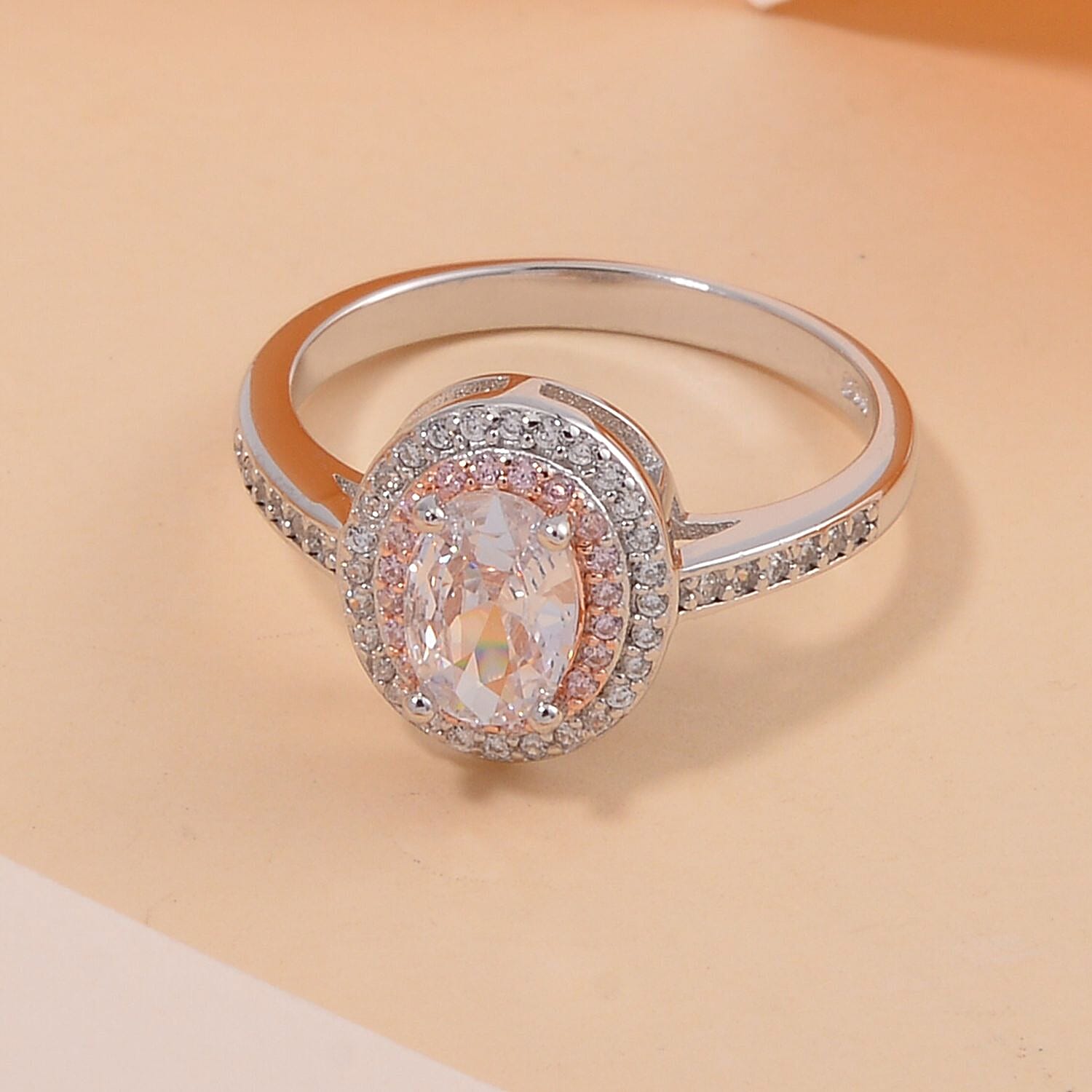 White & Pink Cubic Zirconia Ring in Two Tone Plated Sterling Silver