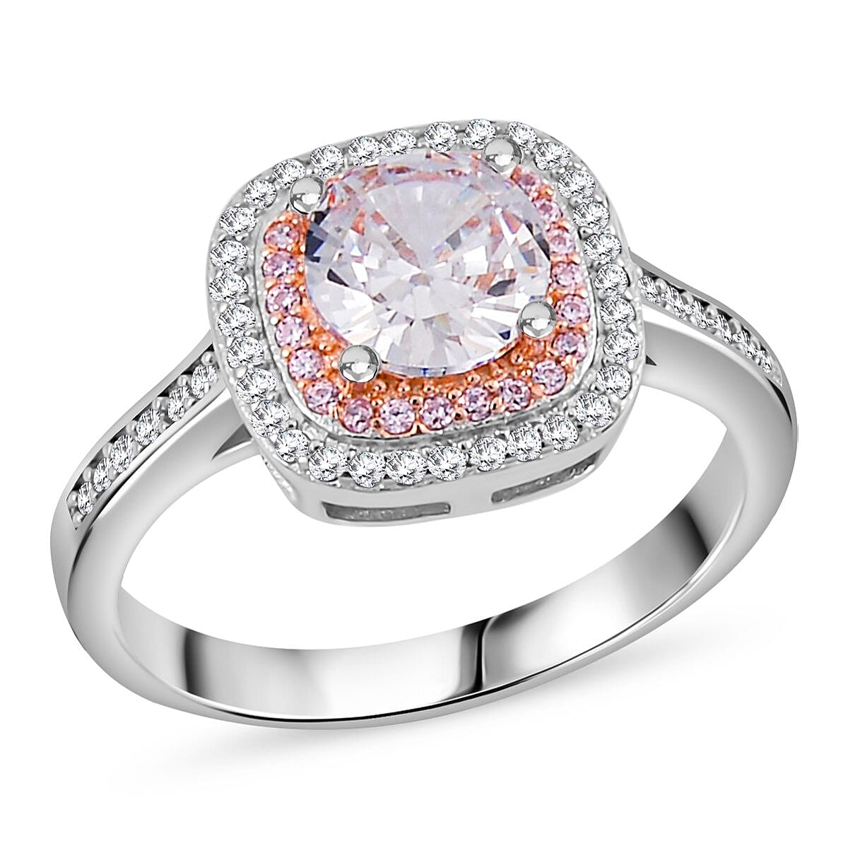 White & Pink Cubic Zirconia Ring in Two Tone Plated Sterling Silver
