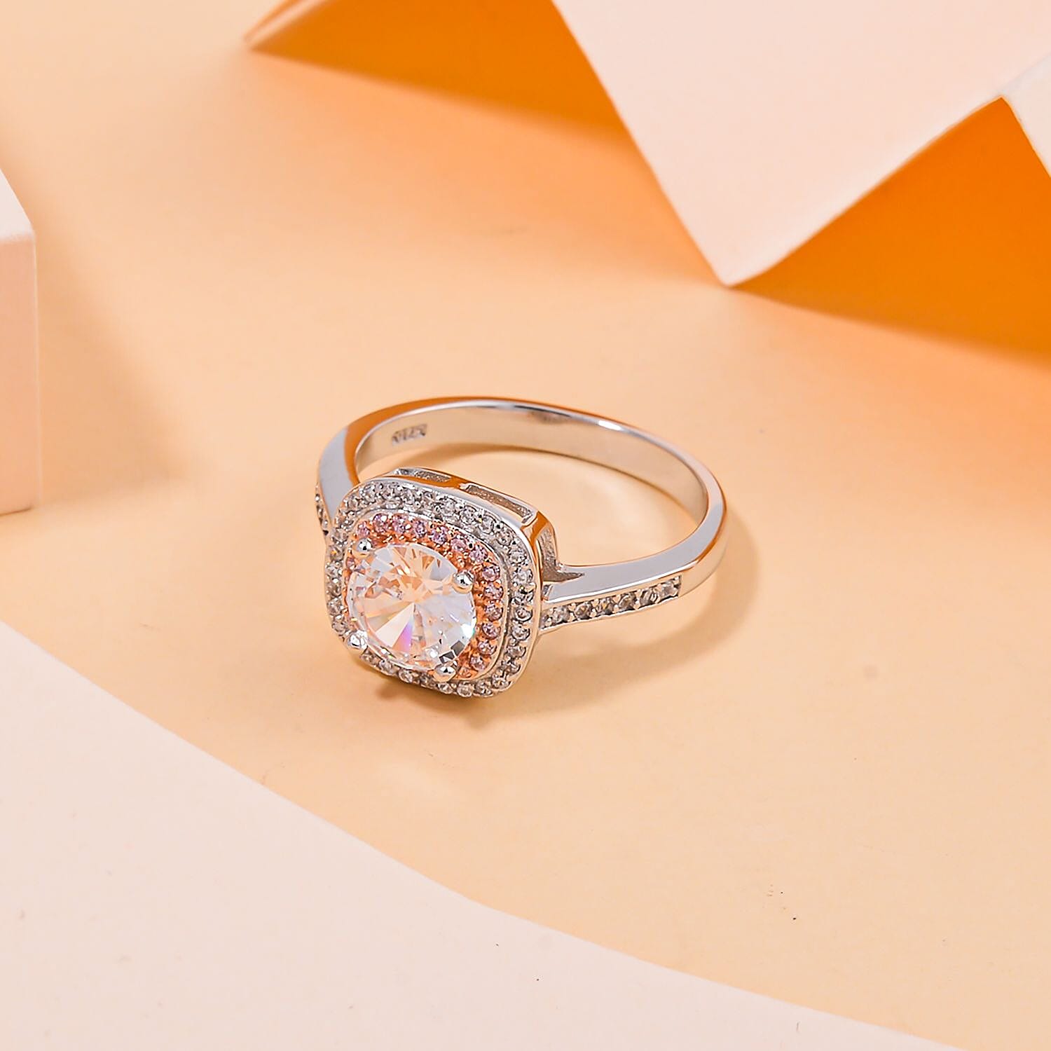 White & Pink Cubic Zirconia Ring in Two Tone Plated Sterling Silver