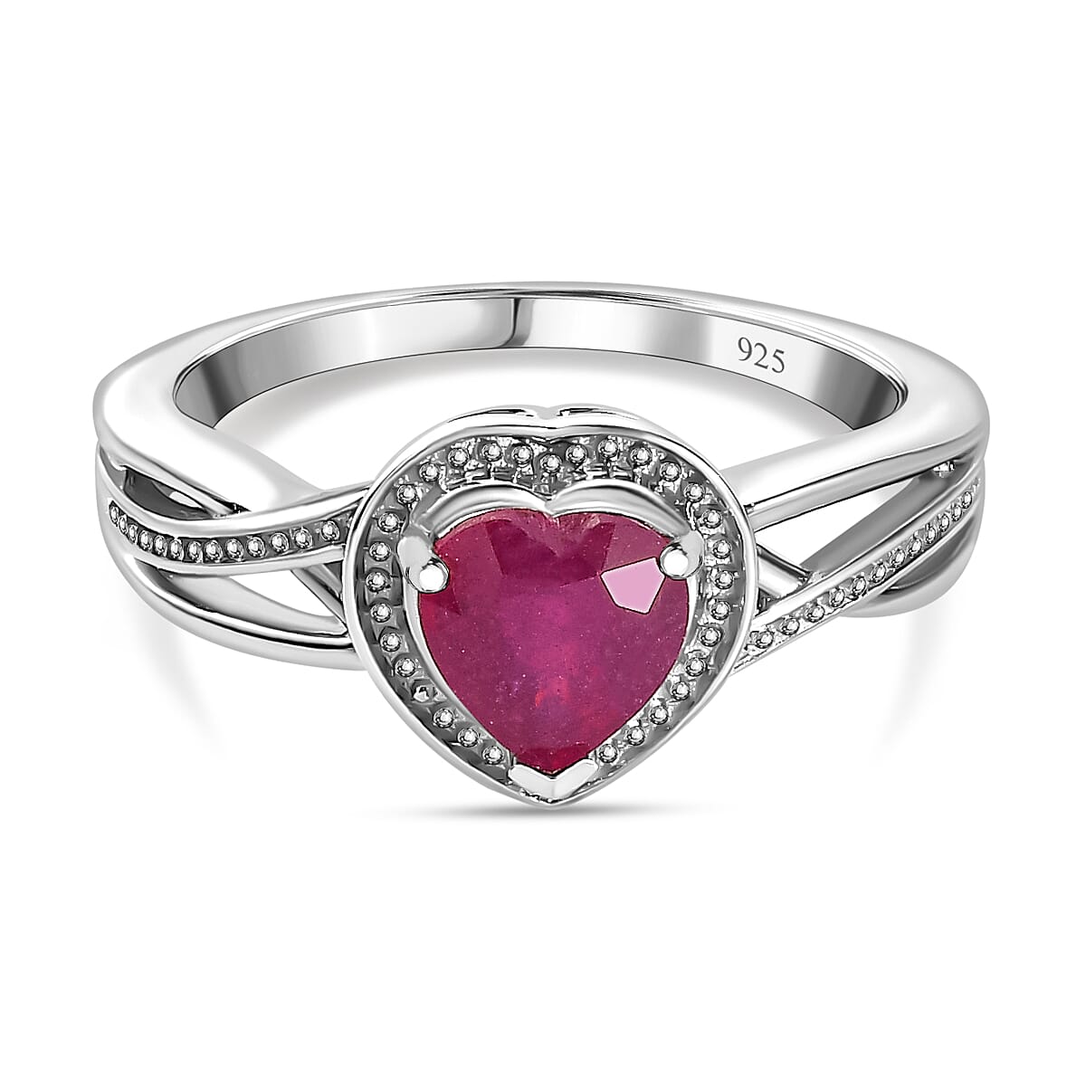 African Ruby Heart Halo Ring in Platinum Overlay Sterling Silver 1.13 Ct