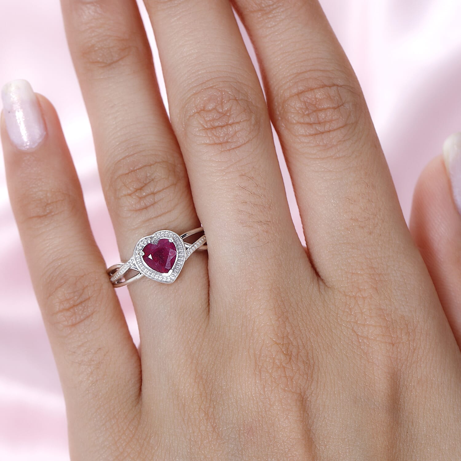 African Ruby Heart Halo Ring in Platinum Overlay Sterling Silver 1.13 Ct