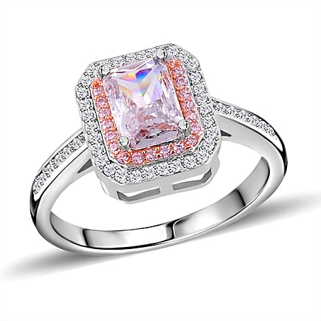 White & Pink Cubic Zirconia Halo Ring in Two Tone Plated Sterling Silver