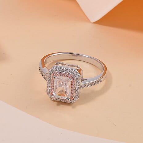 White & Pink Cubic Zirconia Halo Ring in Two Tone Plated Sterling Silver