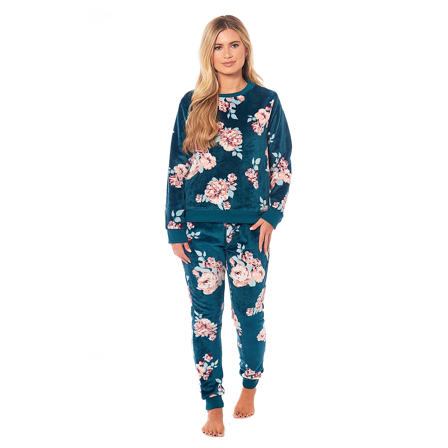 Ladies Floral Printed Flannel Fleece 2 Piece Crew Neck Pyjama Set - Green