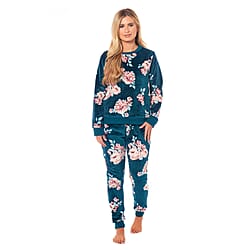 Ladies Floral Printed Flannel Fleece 2 Piece Crew Neck Pyjama Set - Green