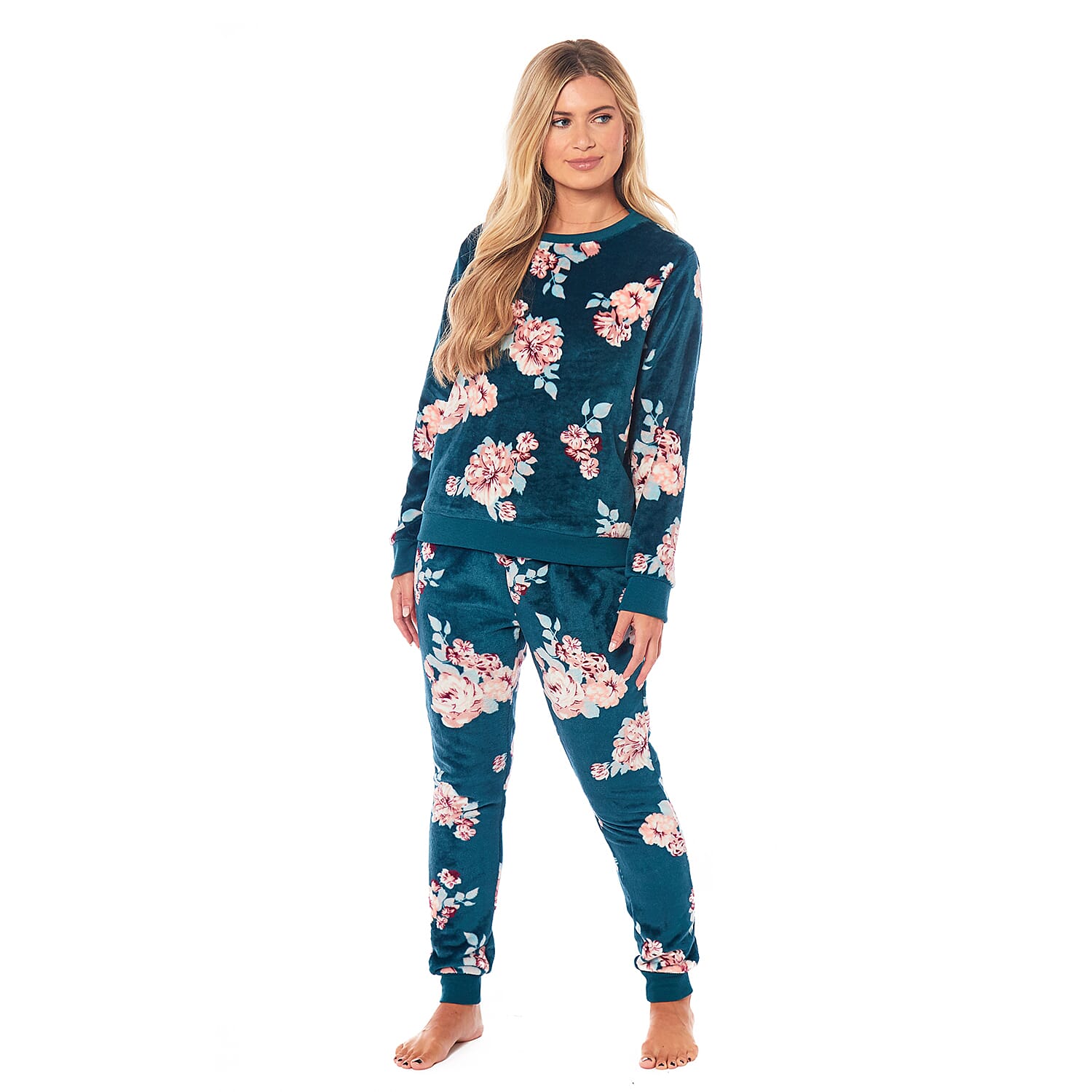 Ladies Floral Printed Flannel Fleece 2 Piece Crew Neck Pyjama Set - Green