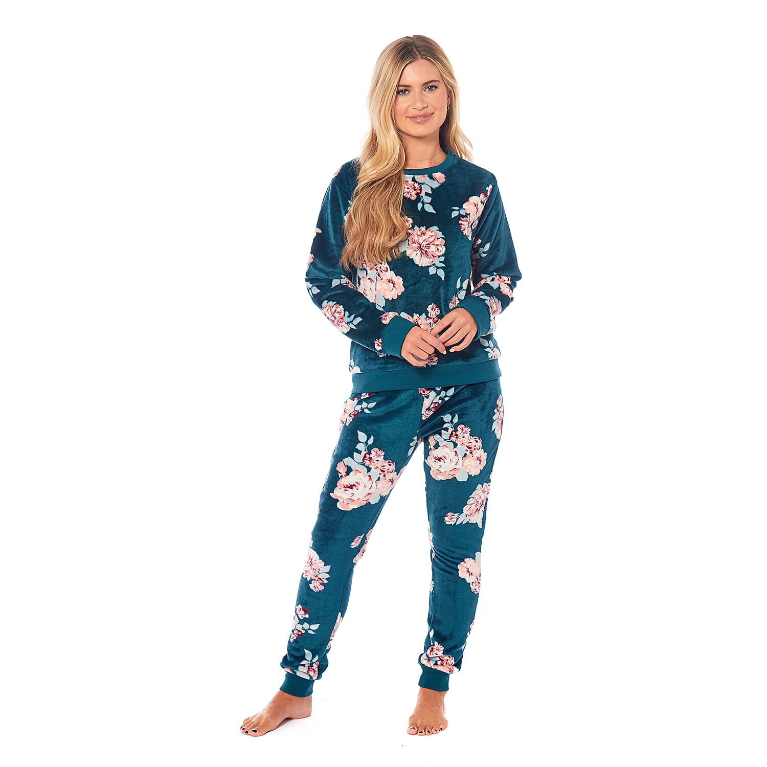 Ladies Floral Printed Flannel Fleece 2 Piece Crew Neck Pyjama Set - Green