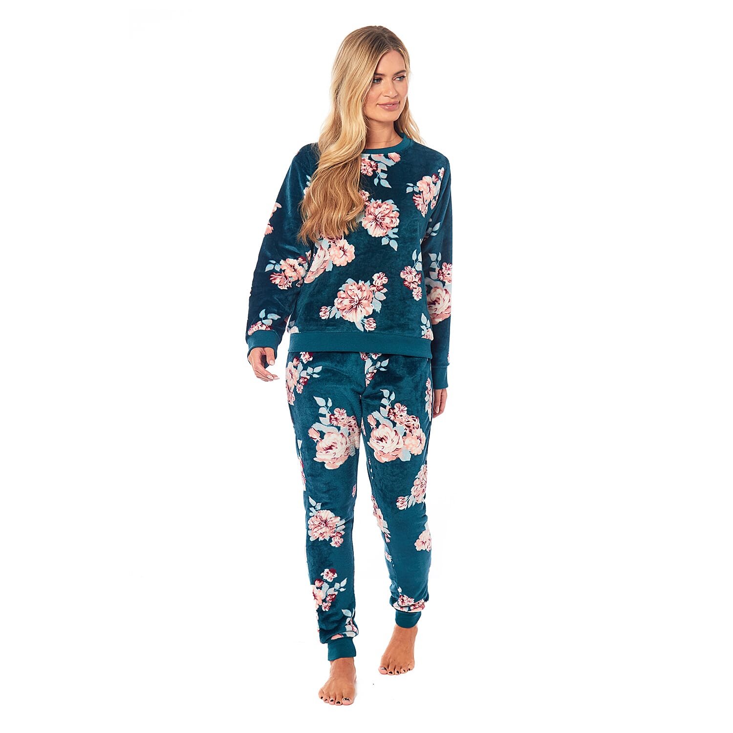 Ladies Floral Printed Flannel Fleece 2 Piece Crew Neck Pyjama Set - Green
