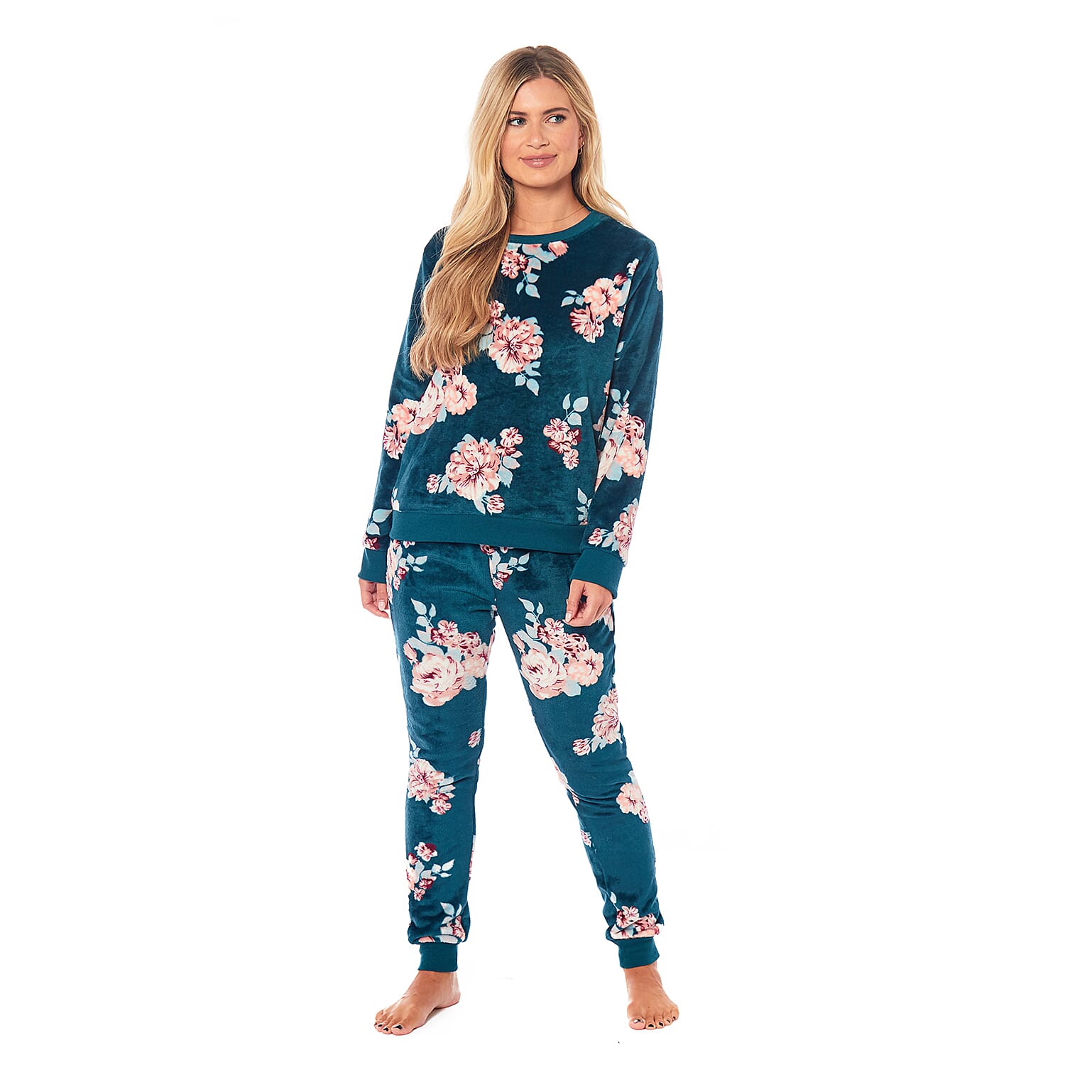 Ladies Floral Printed Flannel Fleece 2 Piece Crew Neck Pyjama Set - Green