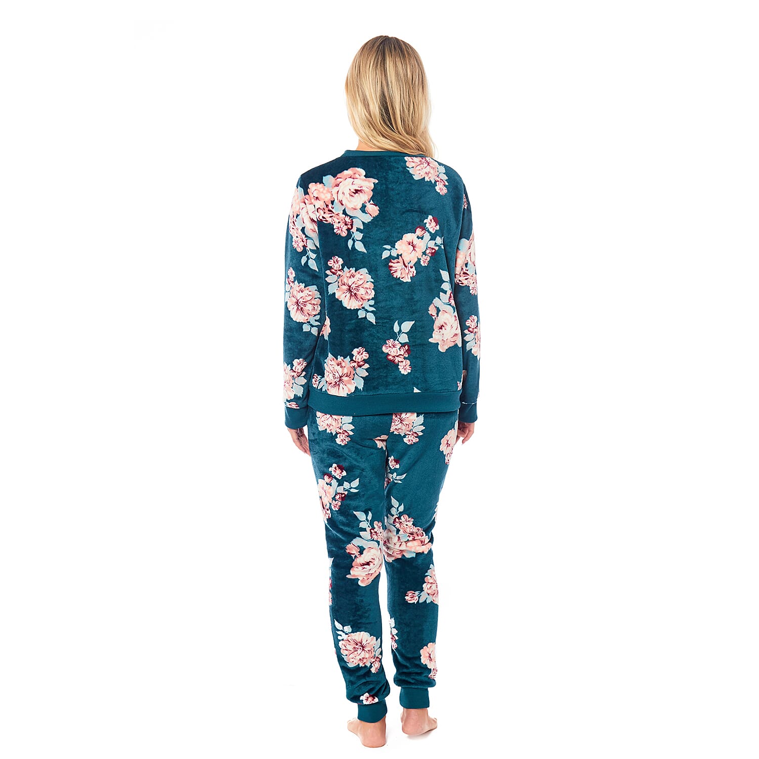 Ladies Floral Printed Flannel Fleece 2 Piece Crew Neck Pyjama Set - Green