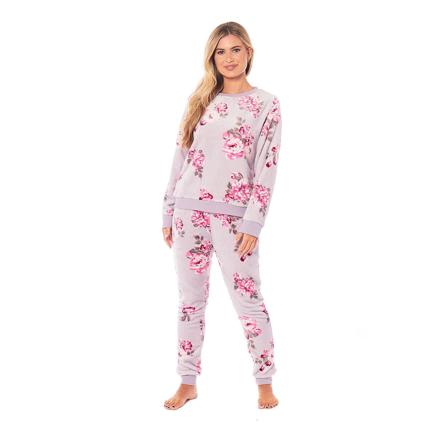 Ladies Floral Printed Flannel Fleece 2 Piece Crew Neck Pyjama Set - Green