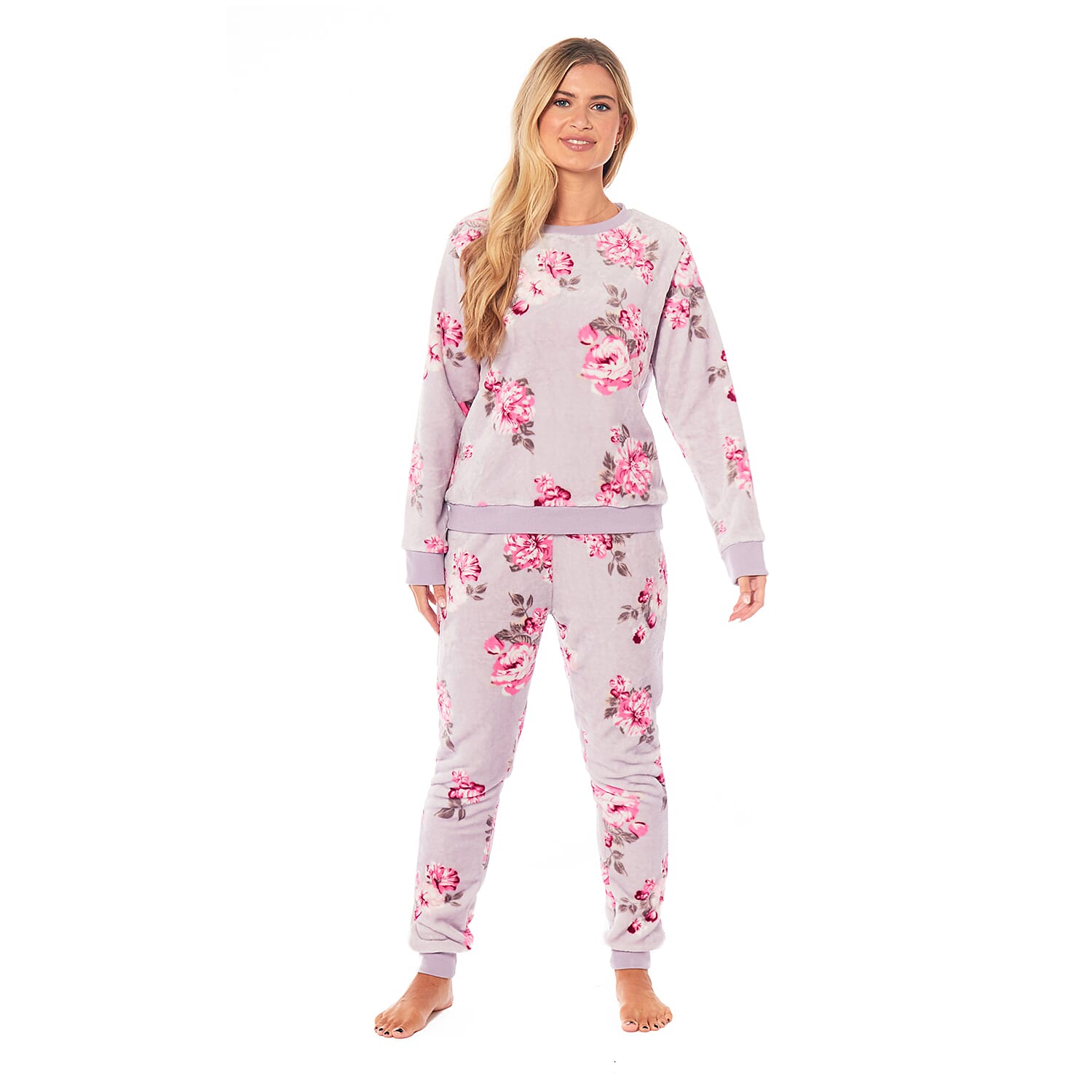 Ladies Floral Printed Flannel Fleece 2 Piece Crew Neck Pyjama Set - Green