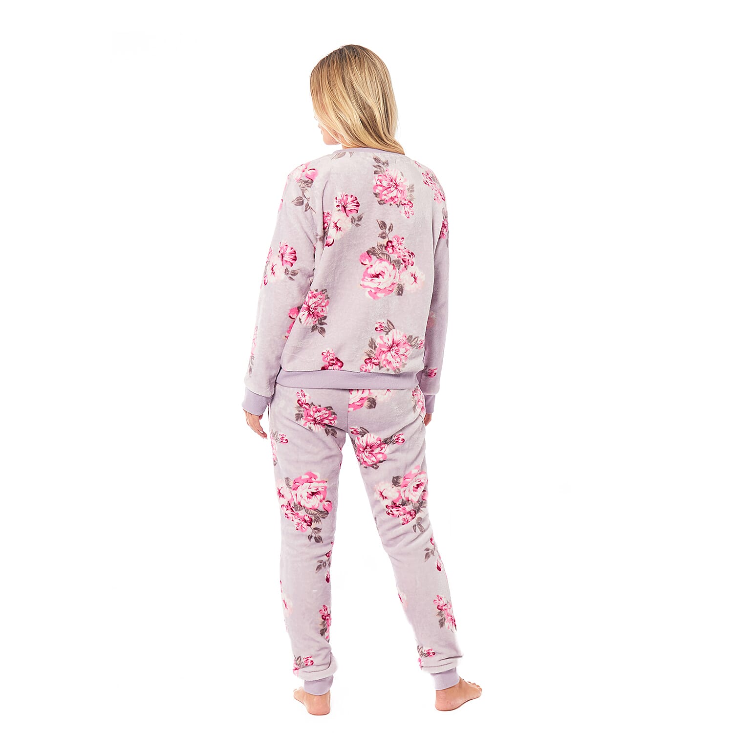 Ladies Floral Printed Flannel Fleece 2 Piece Crew Neck Pyjama Set - Green