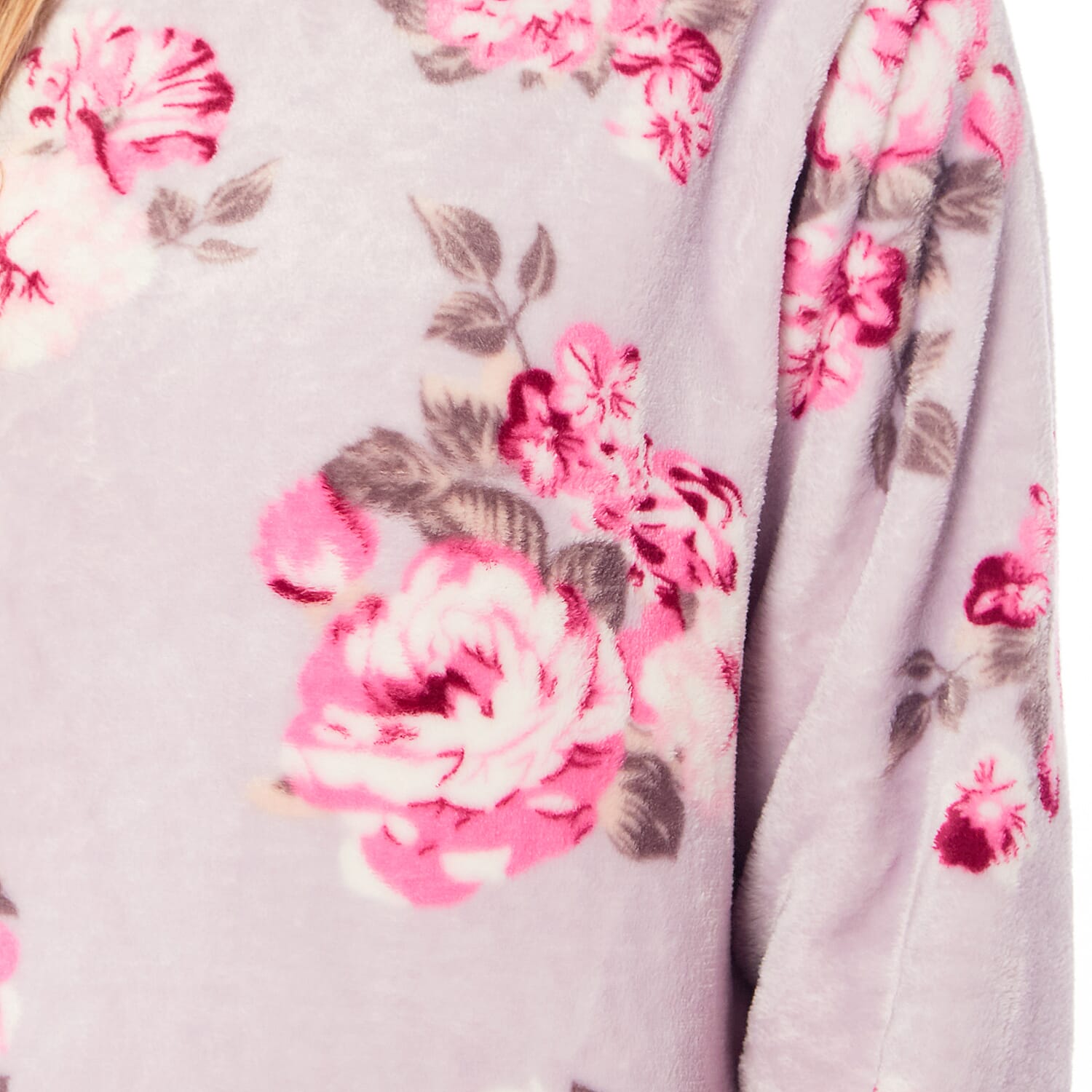 Ladies Floral Printed Flannel Fleece 2 Piece Crew Neck Pyjama Set - Green