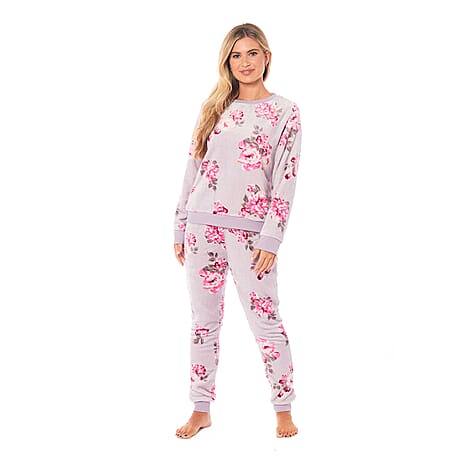 Ladies Floral Printed Flannel Fleece 2 Piece Crew Neck Pyjama Set (Size XL) (20 to 22) - Lilac