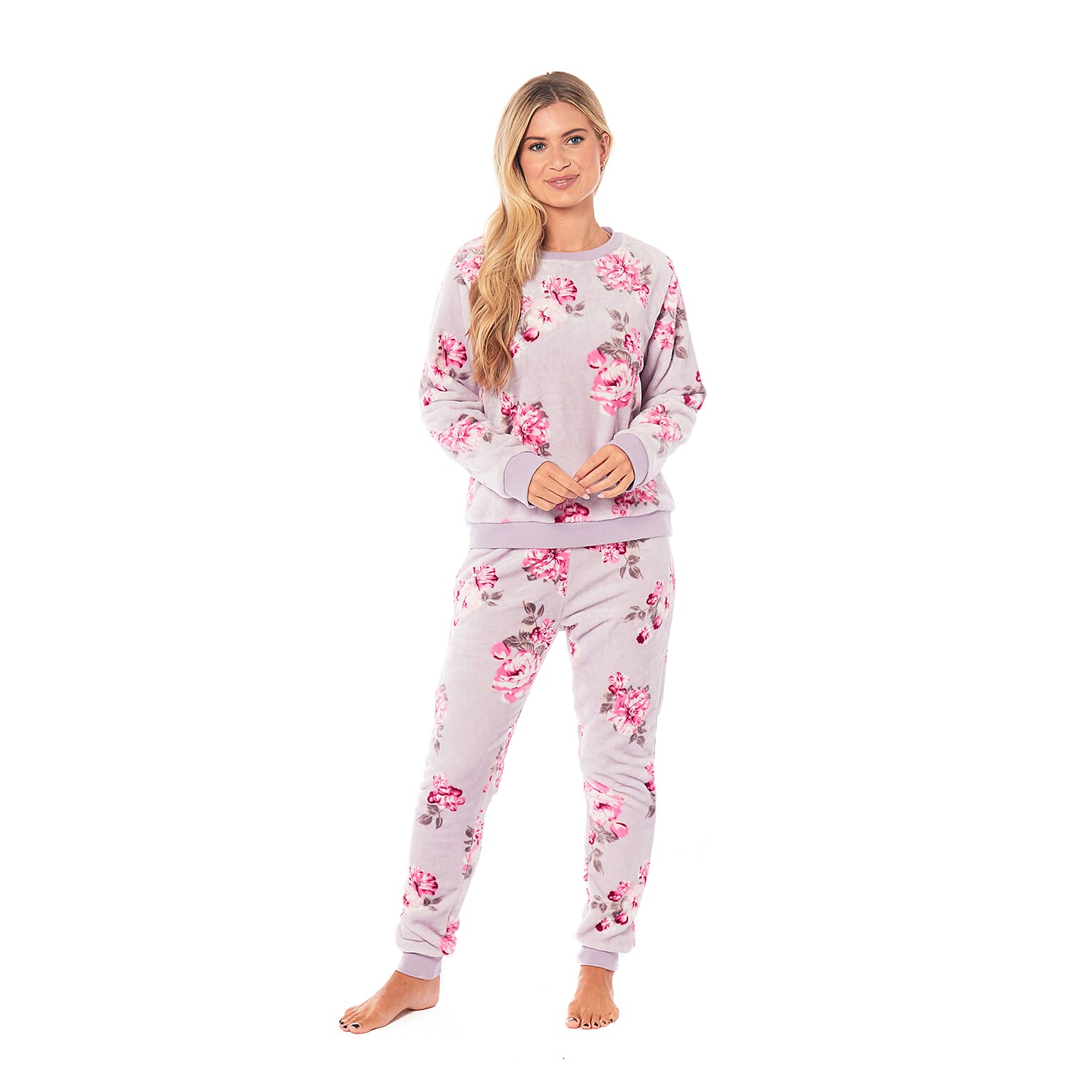 Ladies Floral Printed Flannel Fleece 2 Piece Crew Neck Pyjama Set (Size XL) (20 to 22) - Lilac