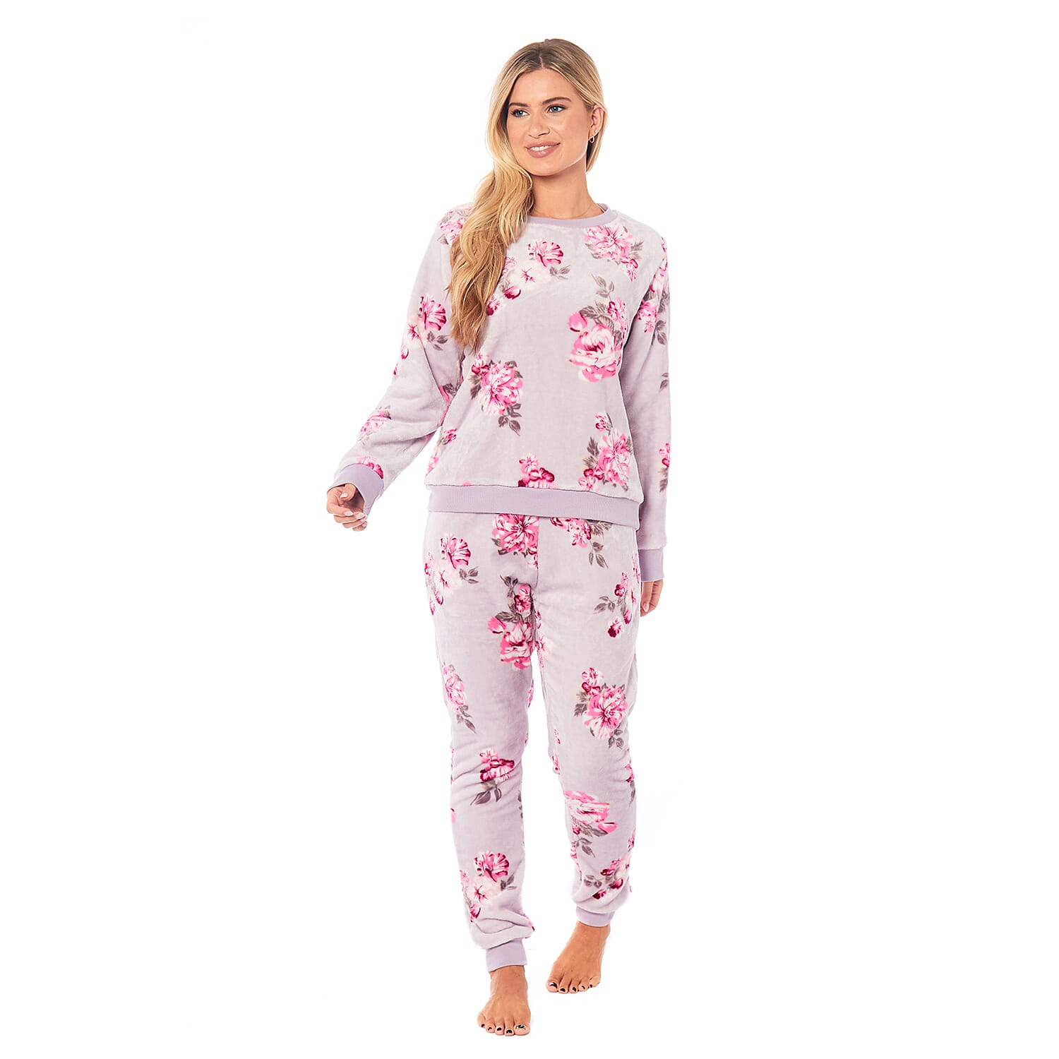 Ladies Floral Printed Flannel Fleece 2 Piece Crew Neck Pyjama Set (Size XL) (20 to 22) - Lilac