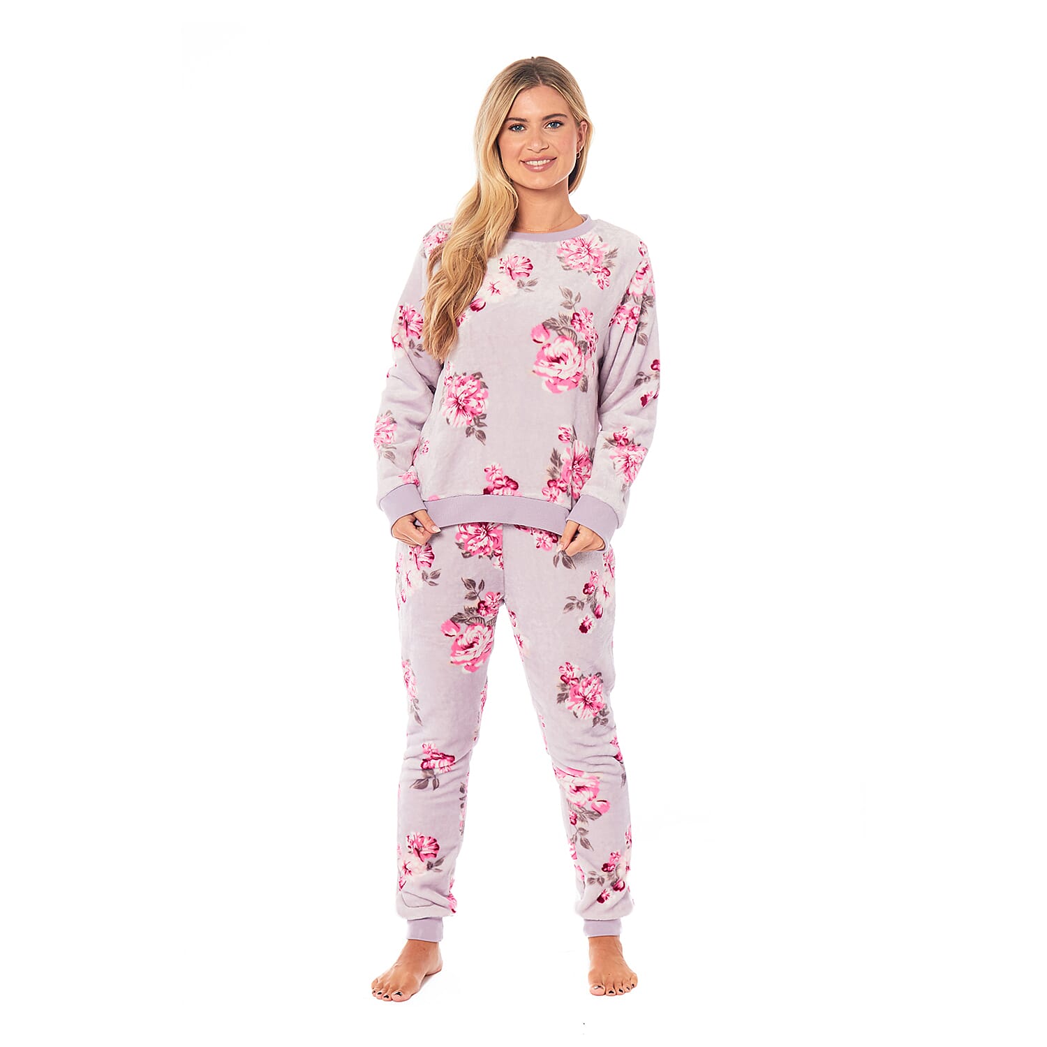 Ladies Floral Printed Flannel Fleece 2 Piece Crew Neck Pyjama Set (Size XL) (20 to 22) - Lilac