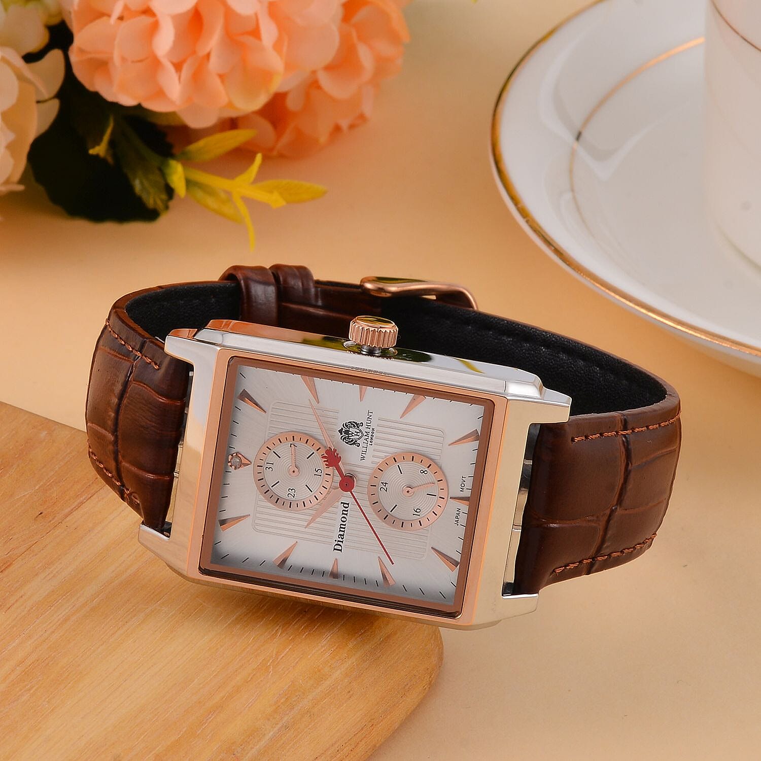 William Hunt Miyota Multifunctional White Dial 5 ATM WR Watch with Brown Leather Strap