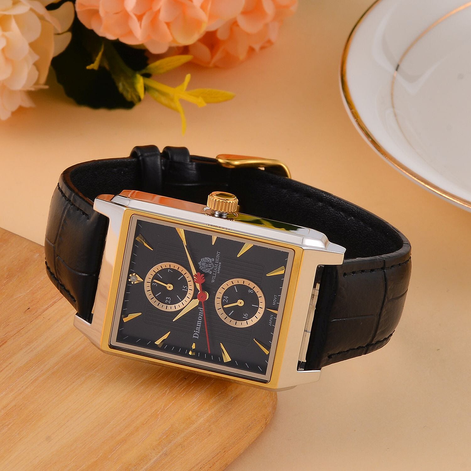 William Hunt Miyota Multifunctional Black Dial 5 ATM WR Watch with Black Leather Strap  with Complimentary Black Bench Leather Wallet