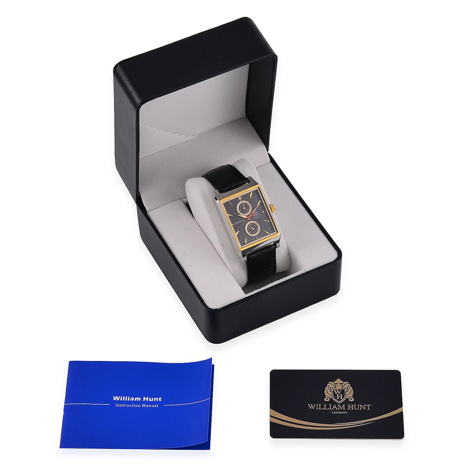 William Hunt Miyota Multifunctional Black Dial 5 ATM WR Watch with Black Leather Strap  with Complimentary Black Bench Leather Wallet