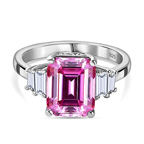 First Time Ever - Pink & White Moissanite (Octagon Cut) Ring in Platinum Overlay Sterling Silver 3.90 Ct.