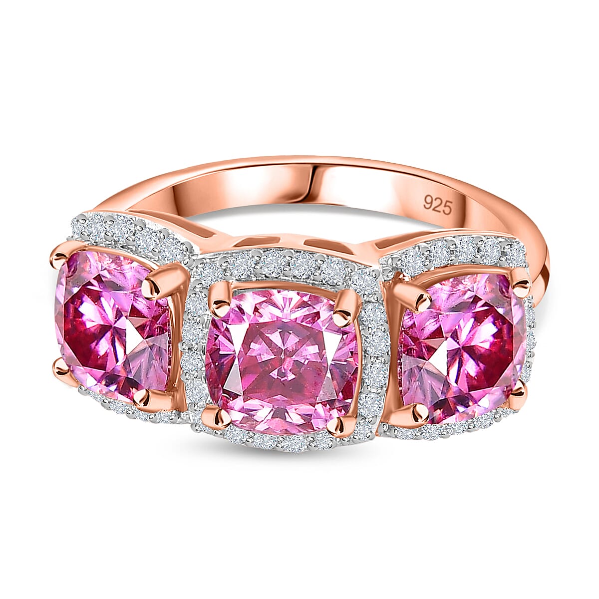 3.4 Ct. Pink Moissanite Halo, Trilogy Ring in 18K Rose Gold Vermeil Sterling Silver