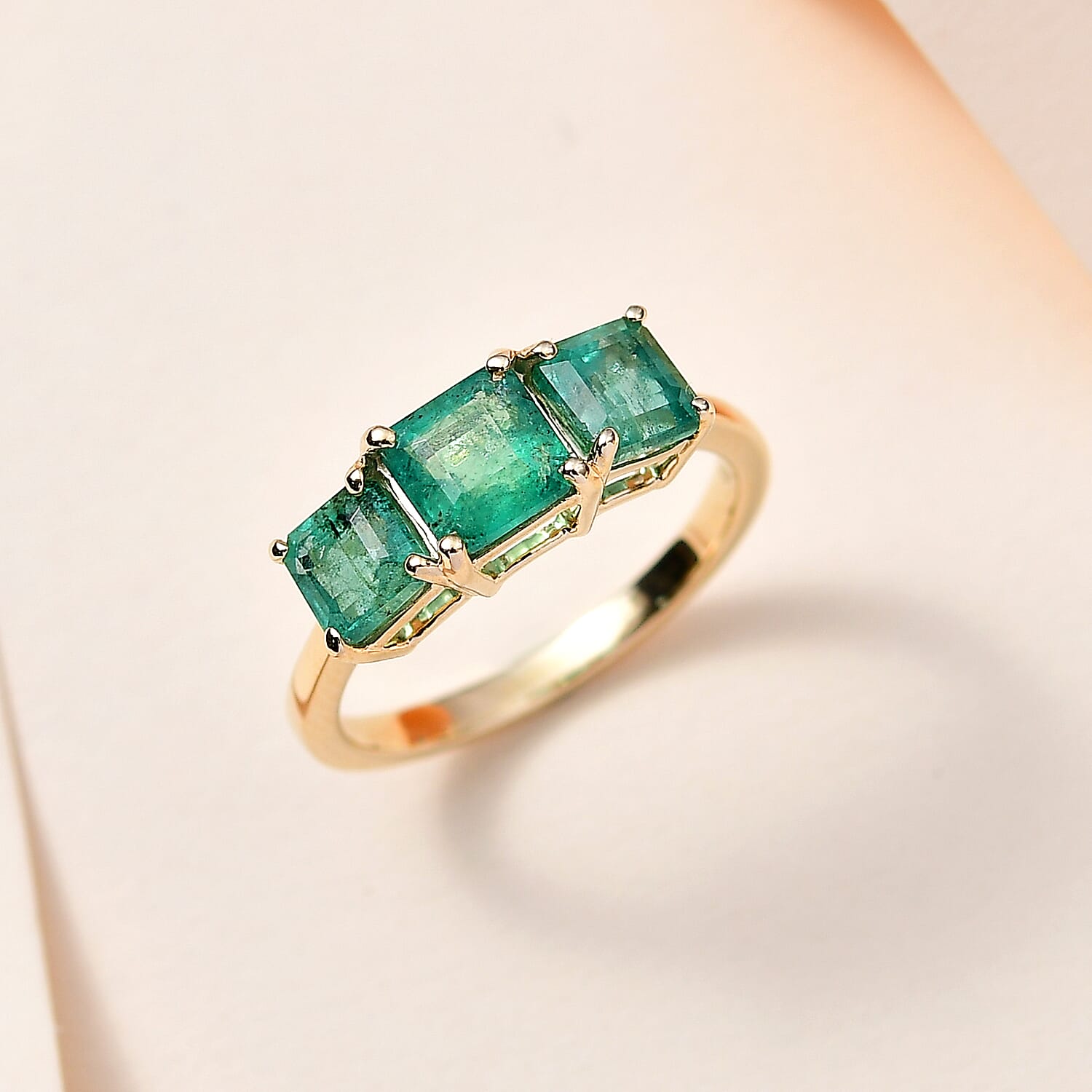 9K Yellow Gold AAA Gemfields Zambian Emerald 3 Stone Ring 2.23 Ct.