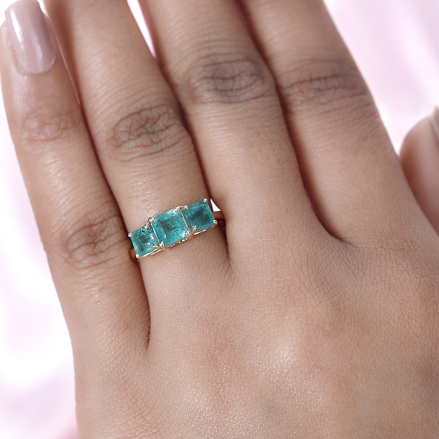 9K Yellow Gold AAA Gemfields Zambian Emerald 3 Stone Ring 2.23 Ct.