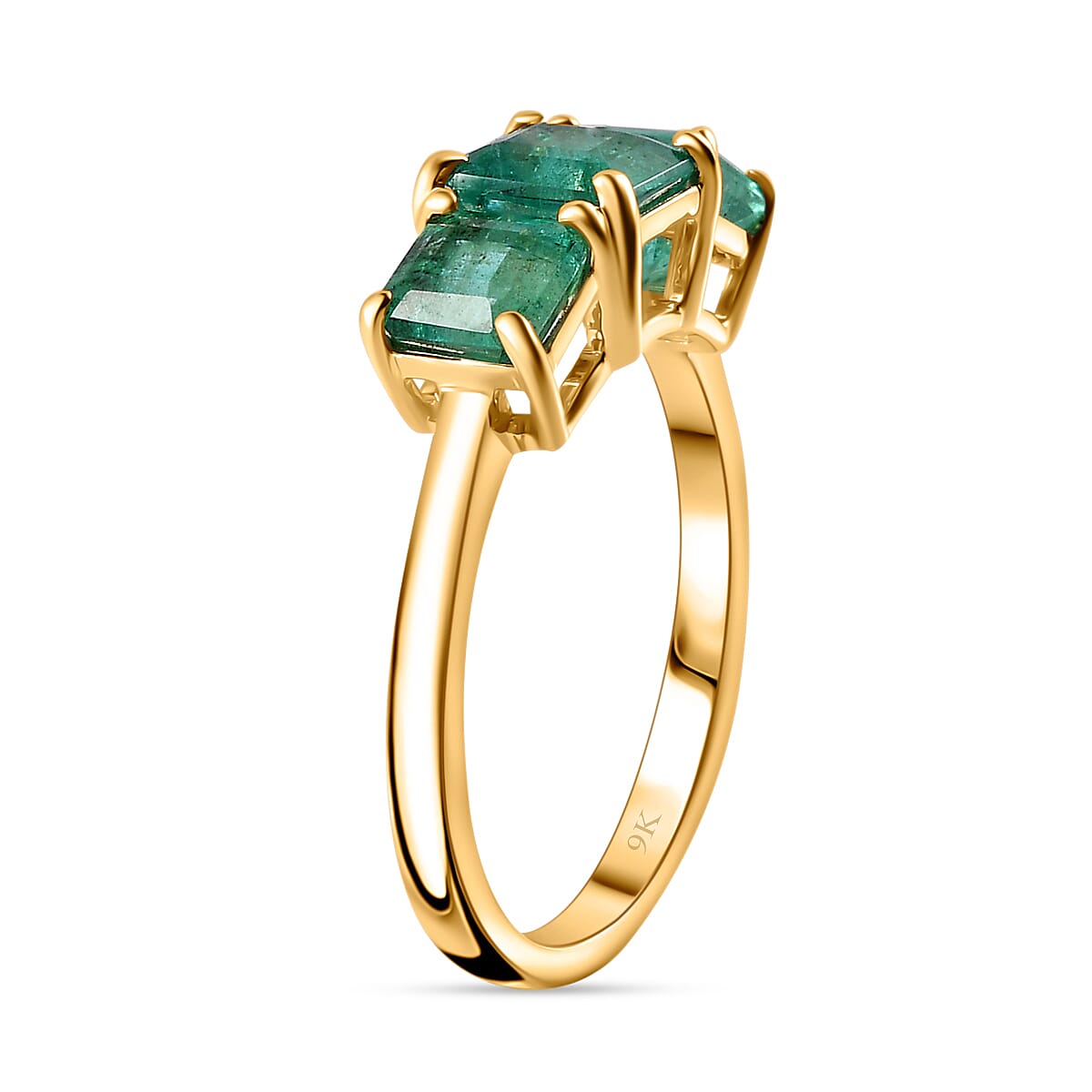 9K Yellow Gold AAA Gemfields Zambian Emerald 3 Stone Ring 2.23 Ct.