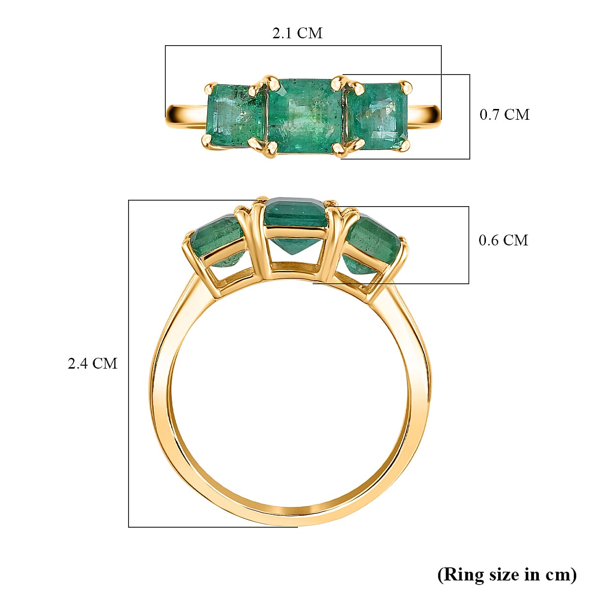 9K Yellow Gold AAA Gemfields Zambian Emerald 3 Stone Ring 2.23 Ct.