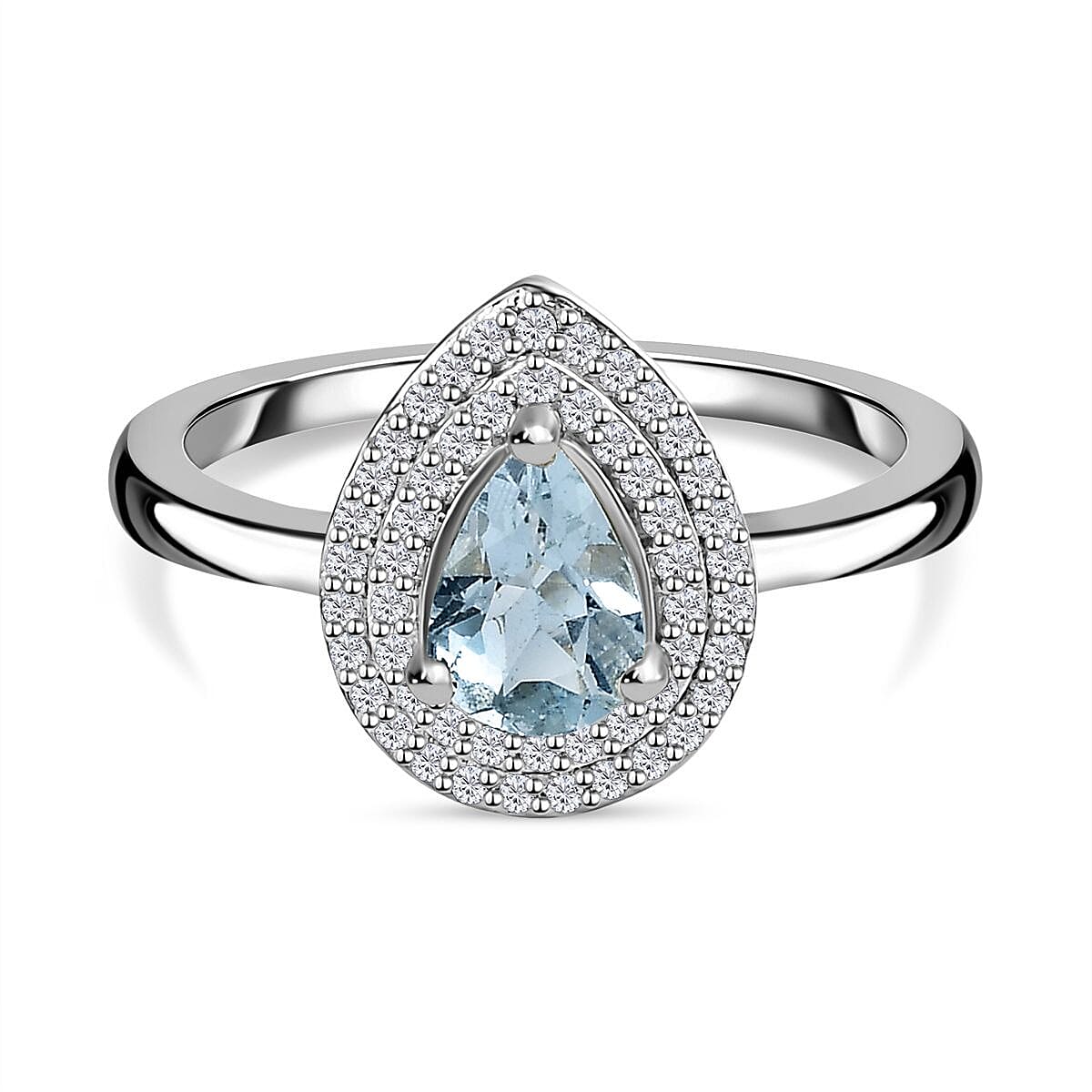 Aquamarine (Pear) & Moissanite Halo Ring in Platinum Overlay Sterling Silver