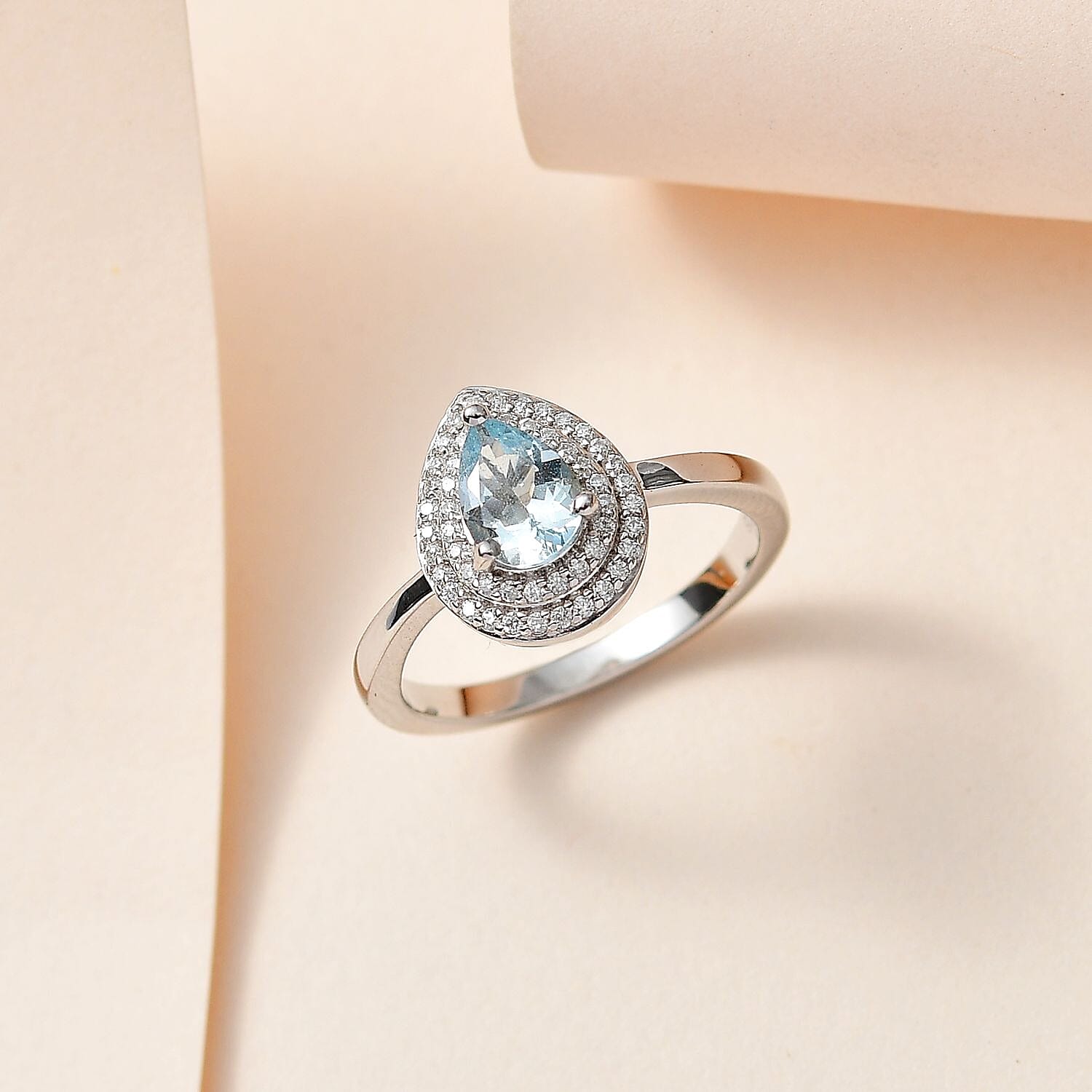 Aquamarine (Pear) & Moissanite Halo Ring in Platinum Overlay Sterling Silver
