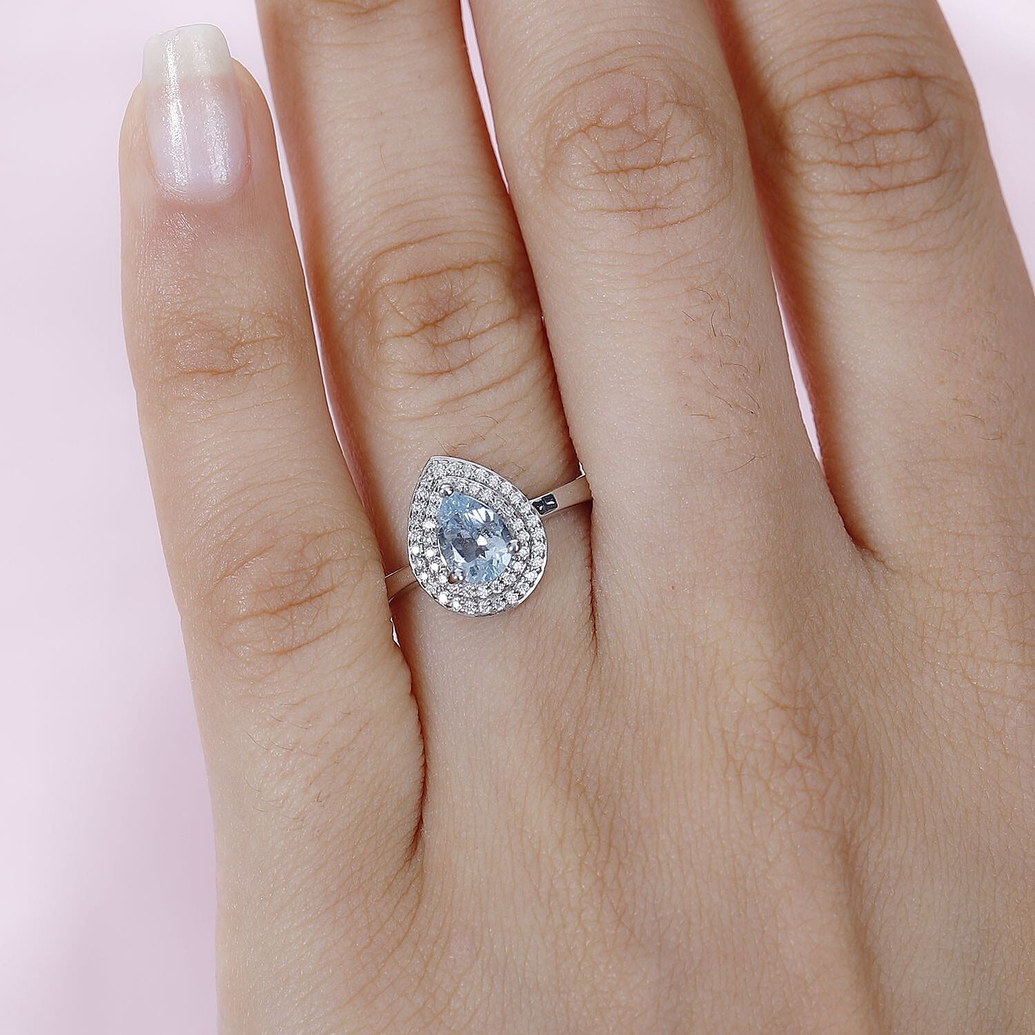 Aquamarine (Pear) & Moissanite Halo Ring in Platinum Overlay Sterling Silver