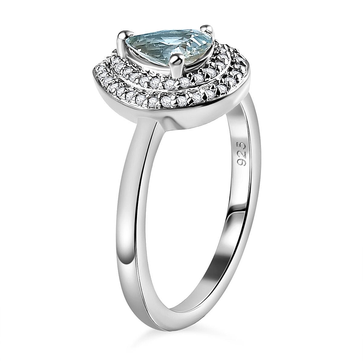 Aquamarine (Pear) & Moissanite Halo Ring in Platinum Overlay Sterling Silver