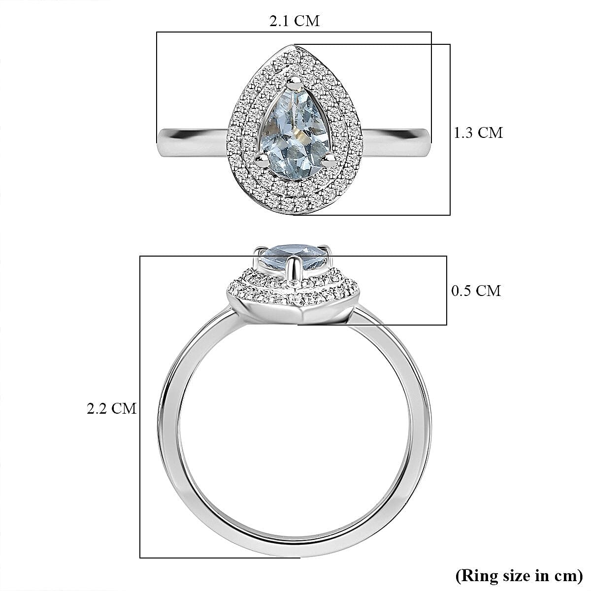 Aquamarine (Pear) & Moissanite Halo Ring in Platinum Overlay Sterling Silver