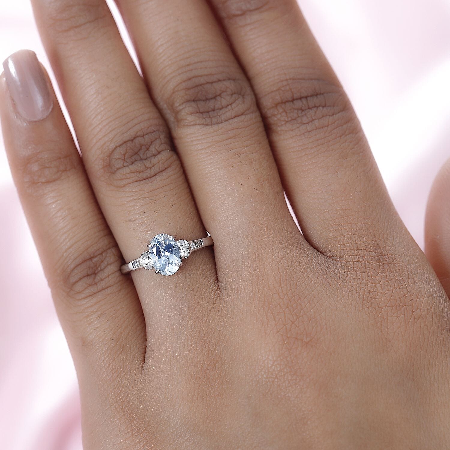 Santamaria Aquamarine & Diamond Ring in Platinum Overlay Sterling Silver 1.27 Ct