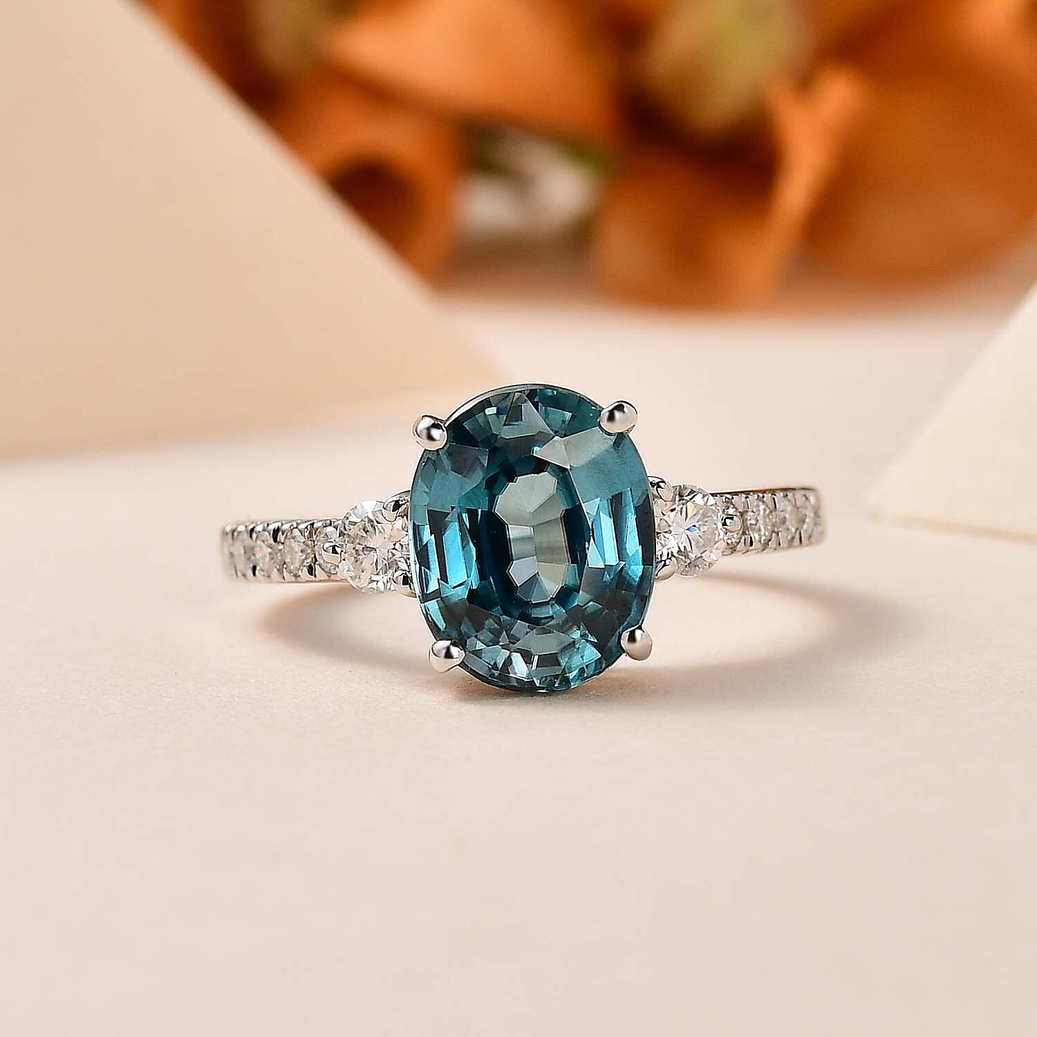 Glenstone Collection - 9K White Gold AAA Ratanakiri Blue Zircon & Moissanite Ring 4.10 Ct.