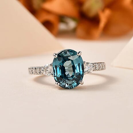 Glenstone Collection - 9K White Gold AAA Ratanakiri Blue Zircon & Moissanite Ring 4.10 Ct.
