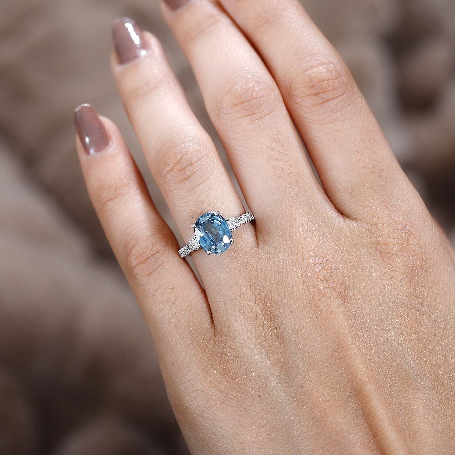 Glenstone Collection - 9K White Gold AAA Ratanakiri Blue Zircon & Moissanite Ring 4.10 Ct.