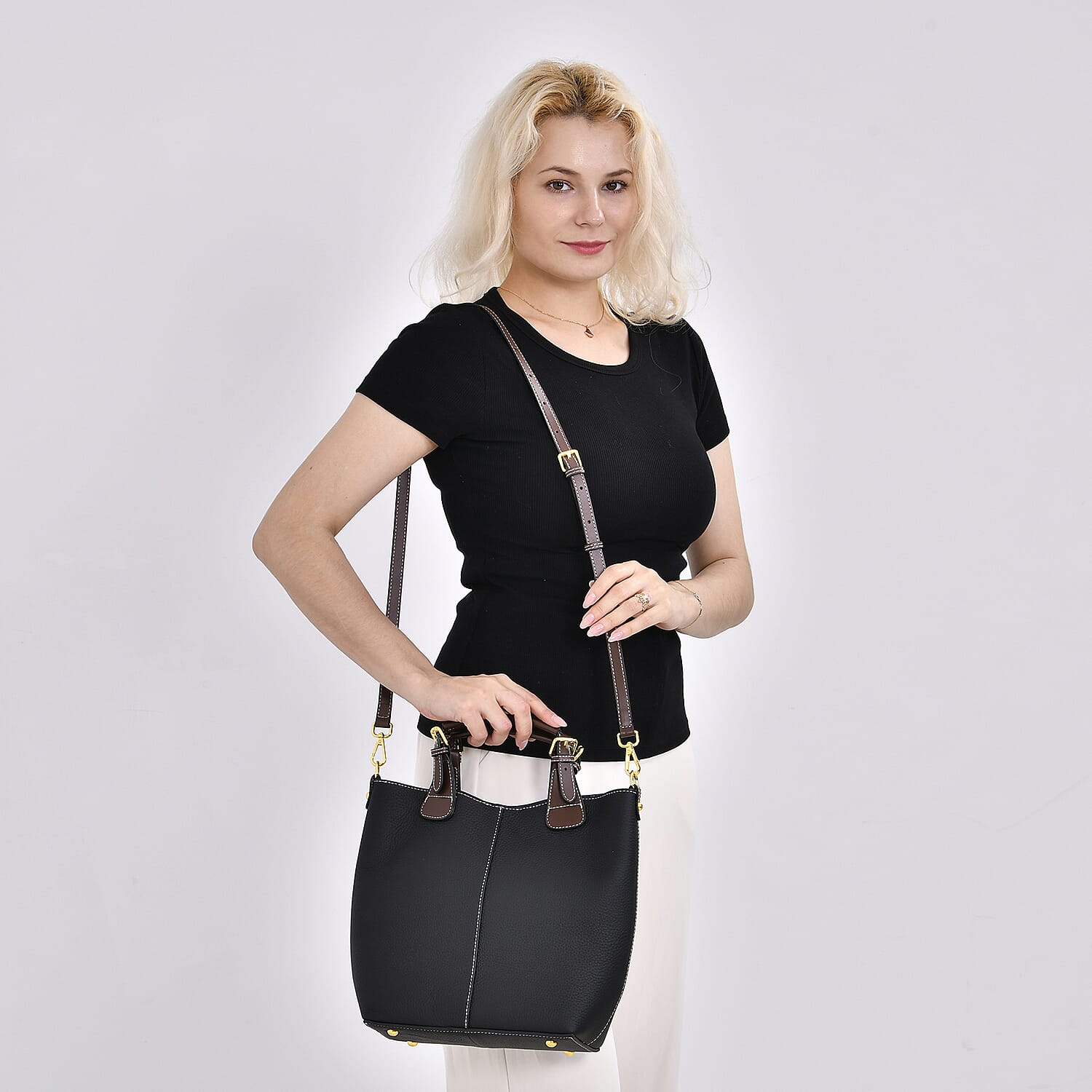 100% Genuine Leather Convertible Bag with Detachable Long Strap & Handle Drop - Black