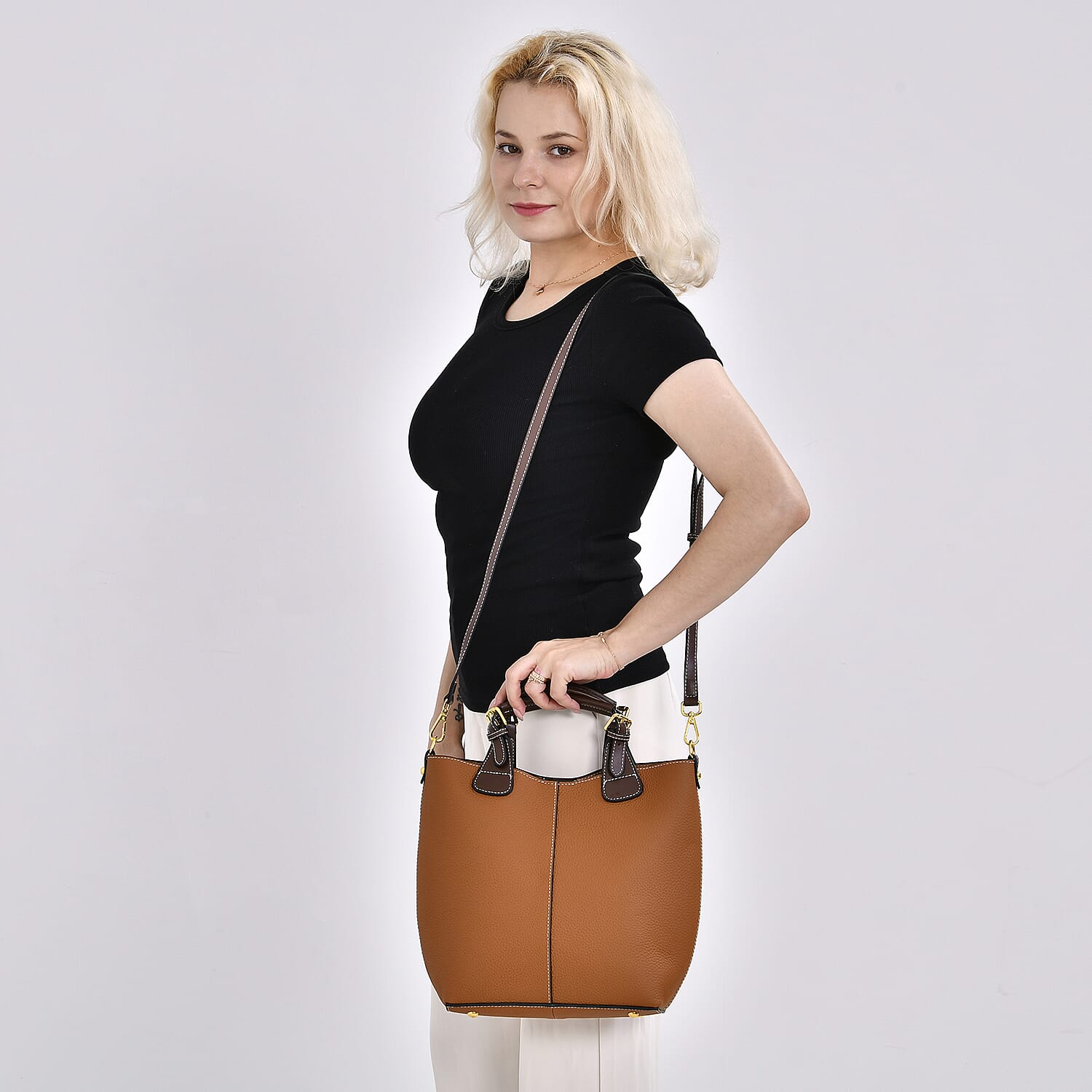 Genuine Leather Convertible Bag with Handle Drop - Tan