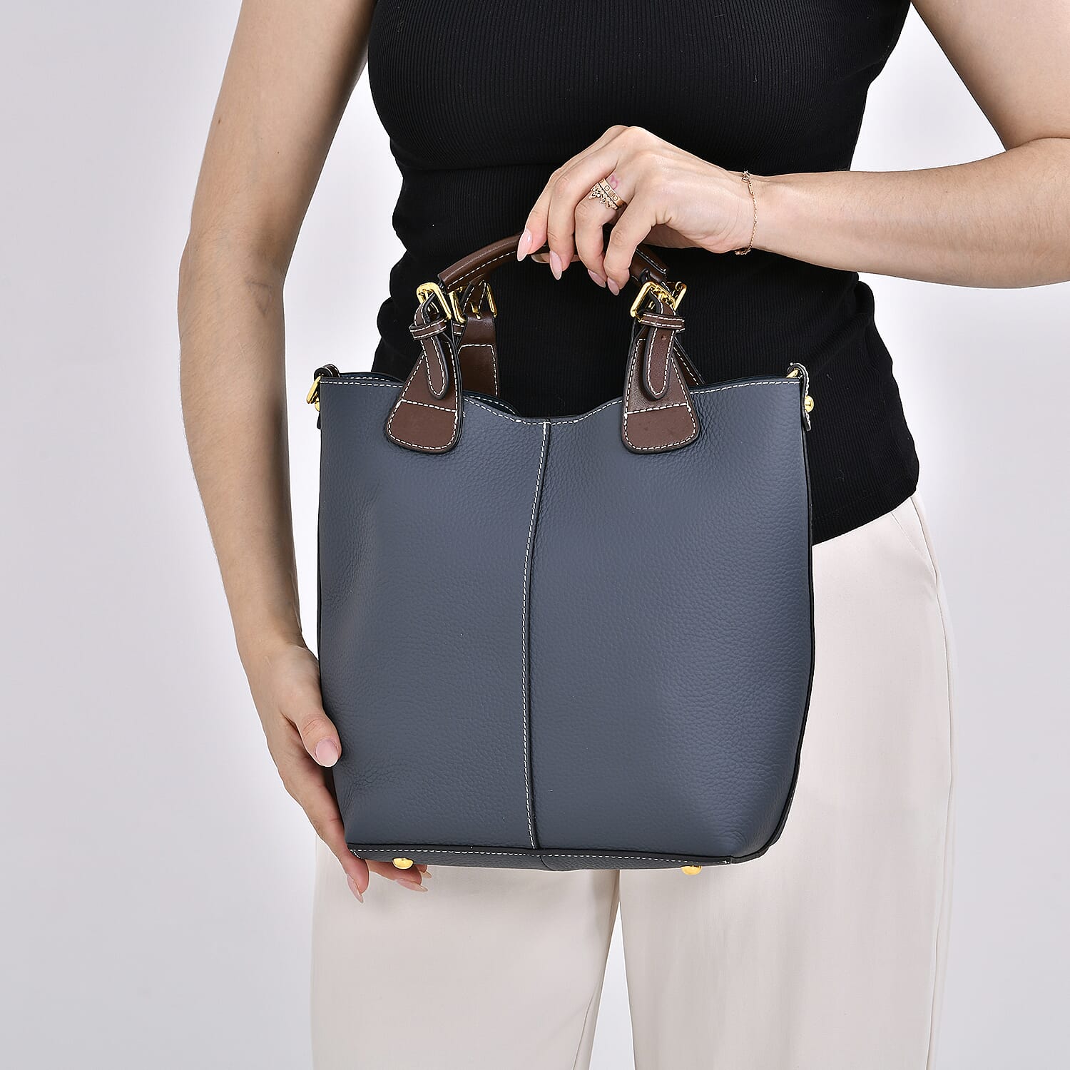 Genuine Leather Convertible Bag with Handle Drop - Navy