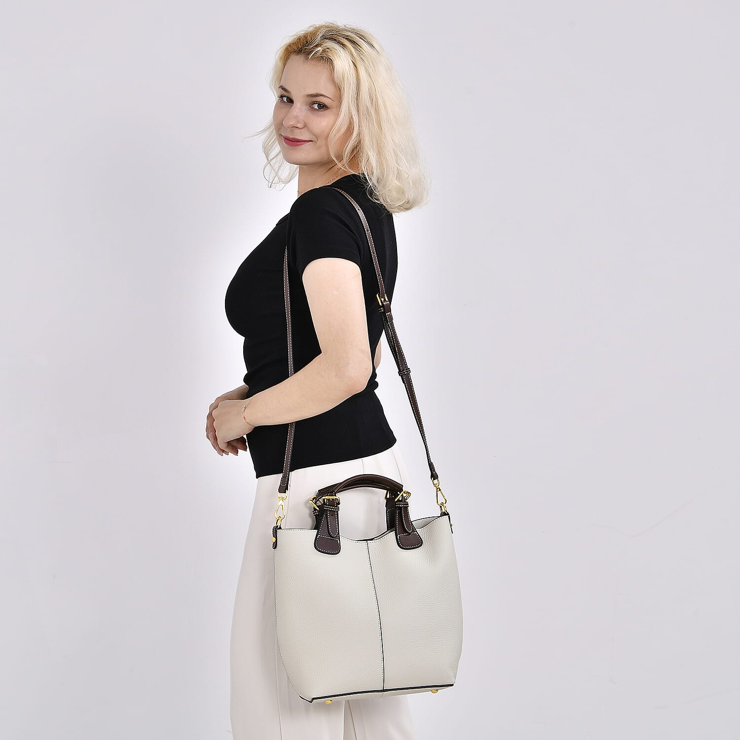 Genuine Leather Convertible Bag with Handle Drop - White