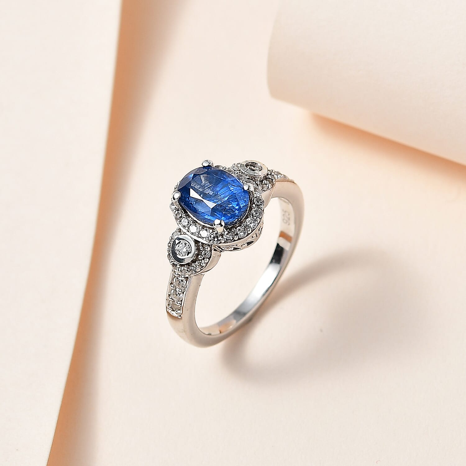 Natural Himalayan Kyanite & Natural Zircon Ring in Platinum Overlay Sterling Silver 2.12 Ct.