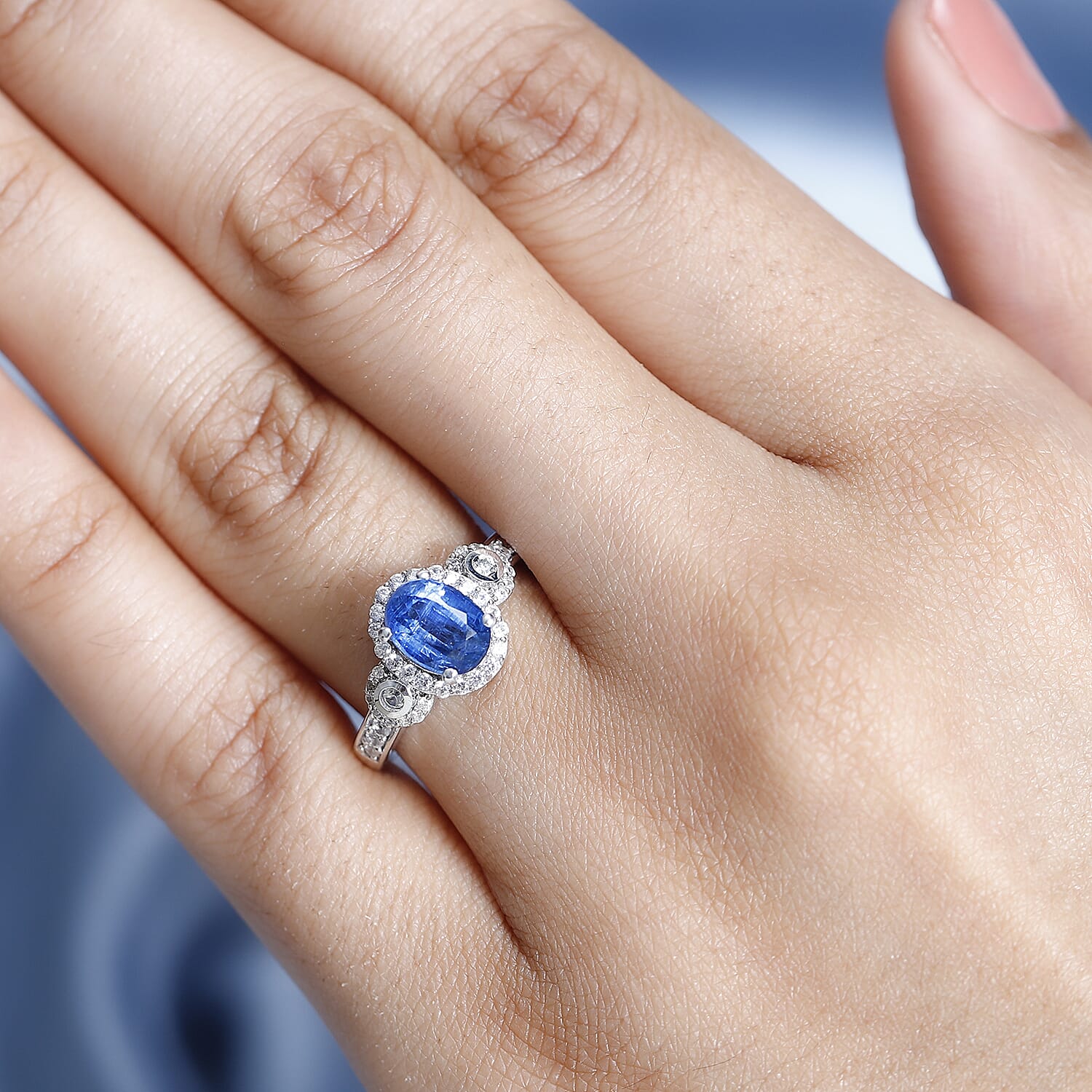 Natural Himalayan Kyanite & Natural Zircon Ring in Platinum Overlay Sterling Silver 2.12 Ct.