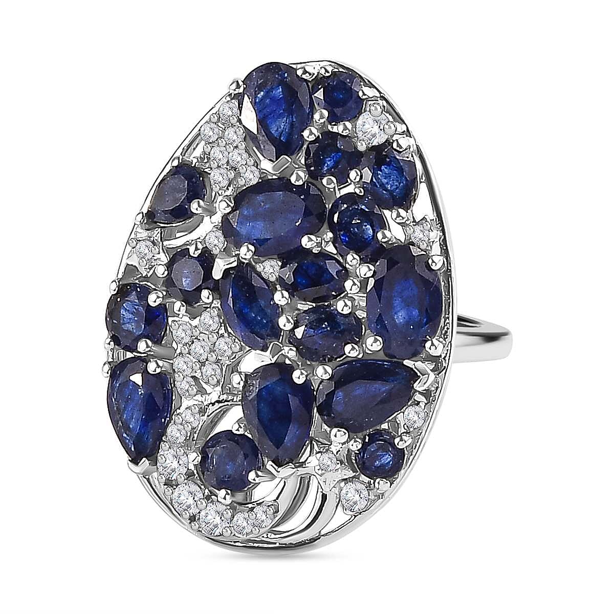 GP Celestial Collection - Blue Sapphire & Natural Zircon Ring in Platinum Overlay Sterling Silver 7.00 Ct.