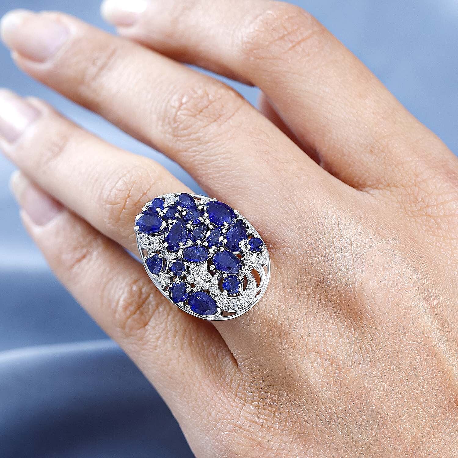 GP Celestial Collection - Blue Sapphire & Natural Zircon Ring in Platinum Overlay Sterling Silver 7.00 Ct.