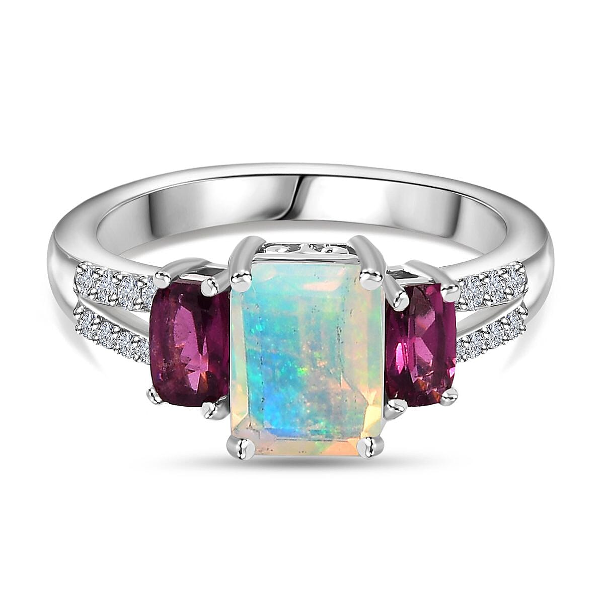 Ethiopian Welo Opal, Rhodolite Garnet & Natural Zircon Ring in Platinum Overlay Sterling Silver 1.84 Ct.