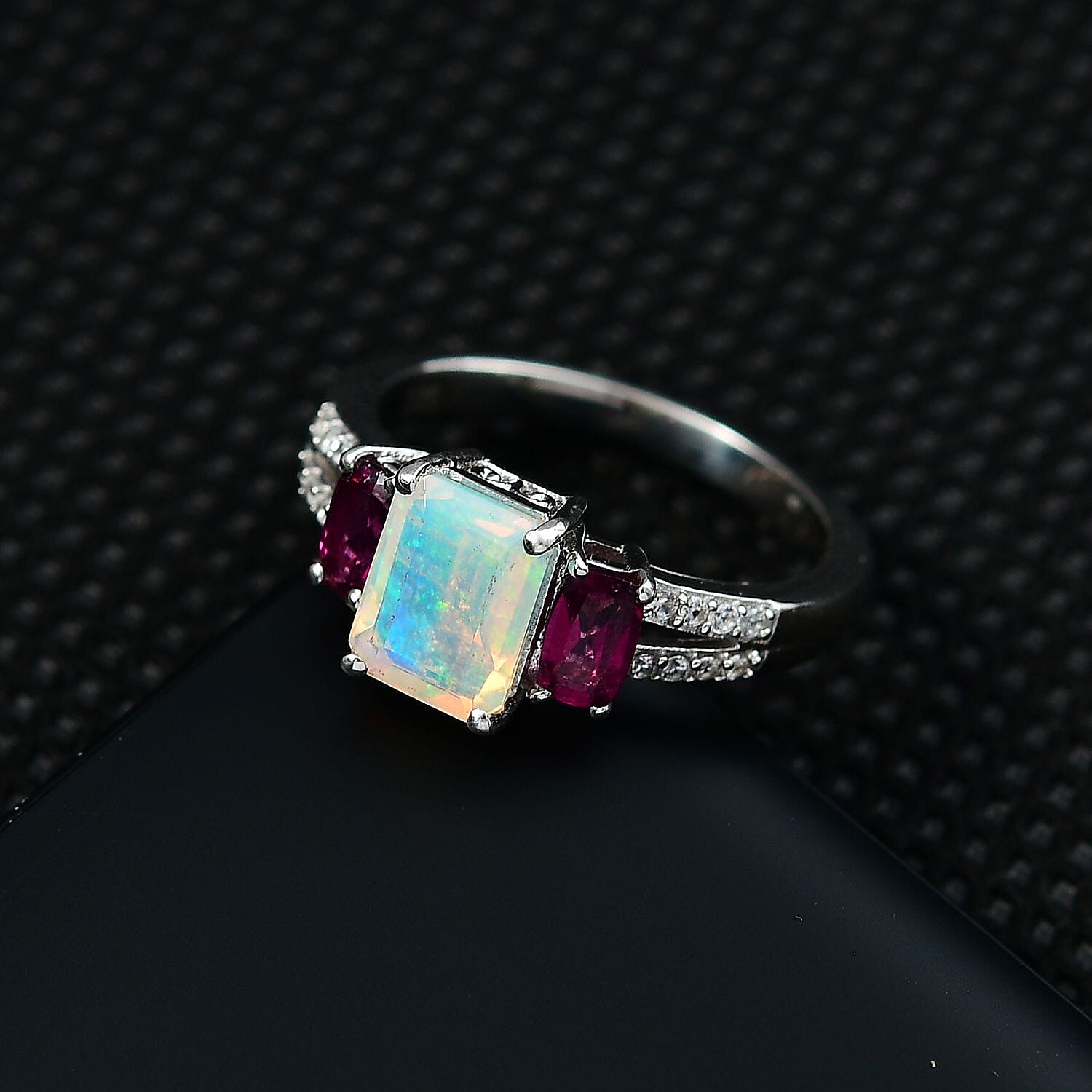 Ethiopian Welo Opal, Rhodolite Garnet & Natural Zircon Ring in Platinum Overlay Sterling Silver 1.84 Ct.